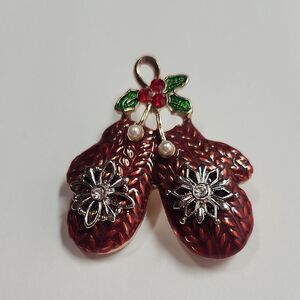 Red Enamel Mitten Brooch Pin with Floral Accents